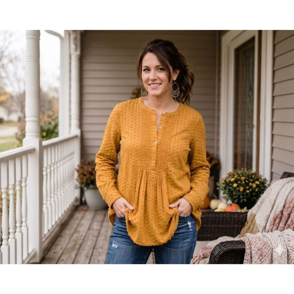 J.Jill Mustard Yellow 100% CottonSwiss Dot Pin-Tuck Tunic Blouse Size Medium